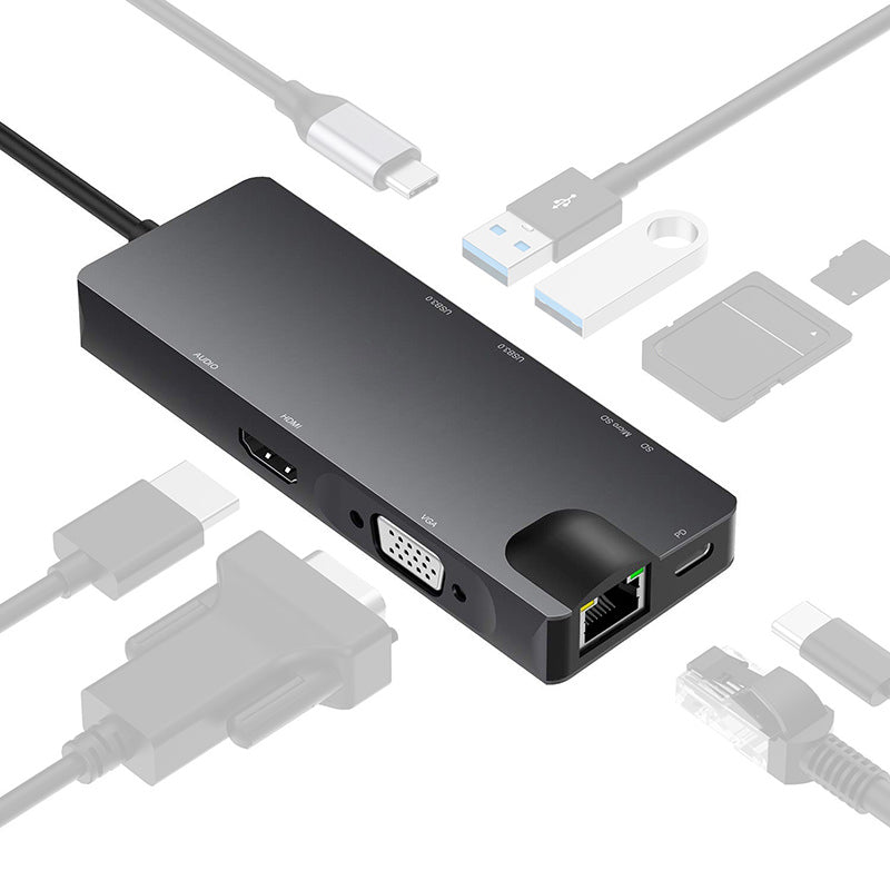 8 in 1 USB-C Hub Type C to RJ45/PD 100W Charging Port/HD/Card Reader/3.5mm Audio Jack/VGA/2x USB 3.0 Port Docking Station 8 in 1 USB-C Hub Type C to RJ45/PD 100W Charging Port/HD/Card Reader/3.5mm Audio Jack/VGA/2x USB 3.0 Port Docking Station